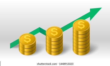 Golden coins stack and green growth arrow up trend diagram vector background