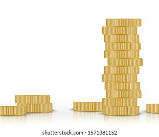 Golden coins stack isolated on white background. Realistic gold money. Business concept vector illustration.