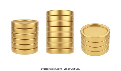 Golden coins stack, isolated realistic blank money cash. Vector symbol of growth and deposit interest. Investment and treasure heap, banking and profit, loan or income and commerce growth