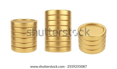 Golden coins stack, isolated realistic blank money cash. Vector symbol of growth and deposit interest. Investment and treasure heap, banking and profit, loan or income and commerce growth