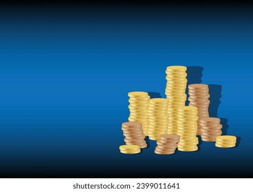 Golden coins stack on blue background, Jackpot coins, Saving money, investing, Copper and Silver coins. Vector illustration