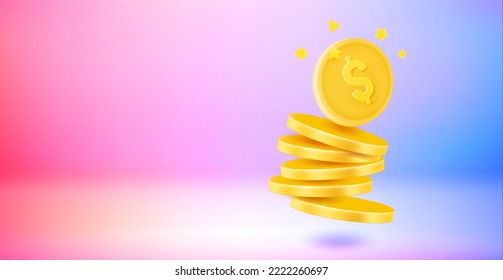 Golden coins stack. Payment concept. 3d vector banner with copy space