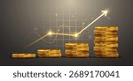 Golden coins stack with a rising arrow chart on a grid background, illustrating business growth and increasing profit. Vector illustration