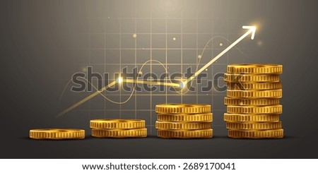 Golden coins stack with a rising arrow chart on a grid background, illustrating business growth and increasing profit. Vector illustration
