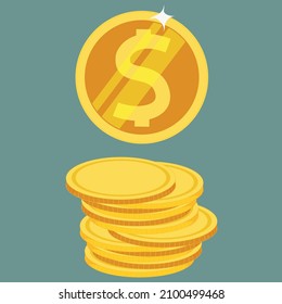 Golden coins. Stack of coins and separate dollar coin