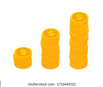 Las monedas de oro se apilan de pequeñas a grandes pilas. 3 columnas de monedas. Concepto de crecimiento económico. Estilo isométrico. Aislado sobre fondo blanco.