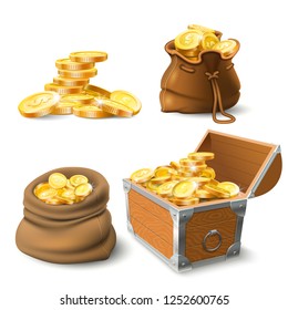 Golden Coins Stacks. Coin In Old Sack, Large Gold Pile And Chest Full Of Gold Treasure Or Stacked Money. Cash Shiny Dollar Coins Savings. Wealth Investment Realistic Vector Isolated Icons Set