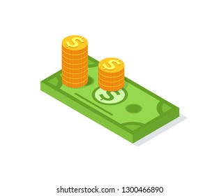 Golden coins stacks and dollar bill sign isolated, crowdfunding. Profit and credit symbol, business concept. Finance and cash, credit payment and investment