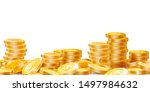 Golden coins stacks. Lots money, finance business profits and wealth gold coin pile. Dollar stack, casino coin cash or banking currency investment heap isolated vector illustration