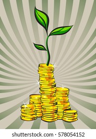 Golden coins stacks with money tree, vector illustration
