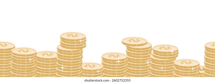 Golden coins stacks seamless pattern. Money seamless border. Financial, banking, rich banner. Design element for bank, ad, print, vector template