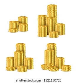 Golden coins stacks, vector realistic 3d set. Blank gold coins in piles, cash money profit wealth or casino jackpot win, poker golden chips