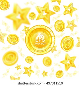 Golden coins and stars with depth of field effect flying around big circle banner in center