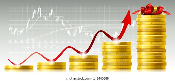 Golden coins and stock chart. Vector illustration.