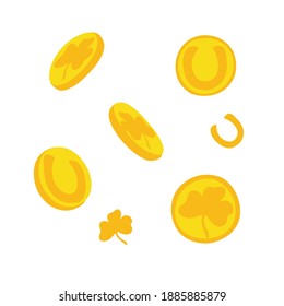 Golden coins symbol of luck, prosperity and fortune for traditional Irish St Patrick day holiday vector hand drawn in cartoon style illustration