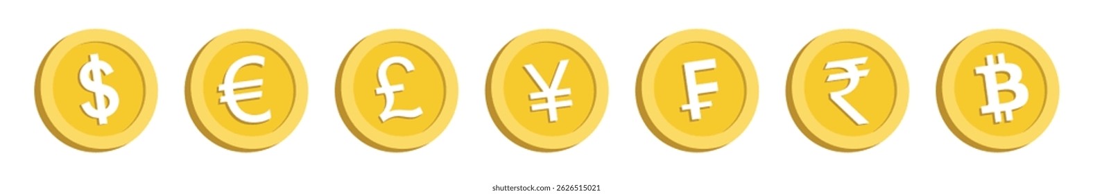 Golden coins with symbols of global currencies Dollar, Rupee, Euro, Yen, Pound, Franc, and Bitcoin. Ideal for finance, banking, forex, and cryptocurrency themes.