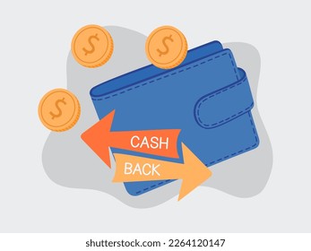 Golden coins and wallet. Cash back concept. Refund money, payment transaction, digital wallet. Hand drawn vector illustration isolated on light background, modern flat cartoon style.