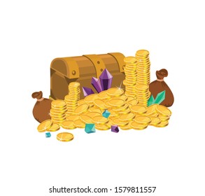 Golden coins. Wooden chest and bags with gold, money isolated on white. Game reward