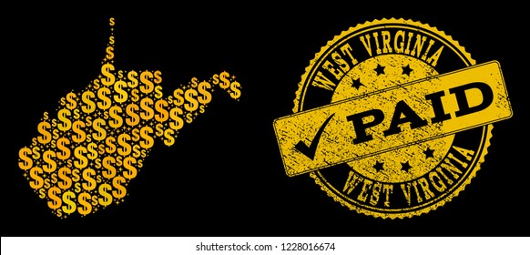 Golden collage of dollar mosaic map of West Virginia State and paid rubber seal. Vector seal with grunge rubber texture and PAID message.