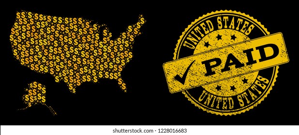 Golden collage of dollar mosaic map of USA and Alaska and paid rubber seal. Vector seal with distress rubber texture and PAID text.