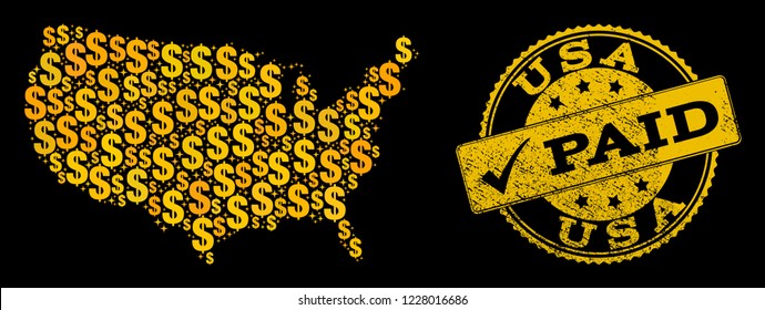 Golden collage of dollar mosaic map of USA and paid dirty seal stamp. Vector seal with scratched rubber texture and PAID caption. Mosaic map of USA designed with golden dollars on a black background.