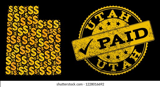Golden collage of dollar mosaic map of Utah State and paid rubber seal. Vector seal with distress rubber texture and PAID caption.