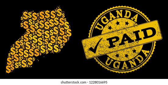 Golden collage of dollar mosaic map of Uganda and paid unclean seal. Vector seal with distress rubber texture and PAID text. Mosaic map of Uganda designed with golden dollars on a black background.
