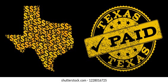 Golden collage of dollar mosaic map of Texas State and paid corroded seal. Vector watermark with corroded rubber texture and PAID message.