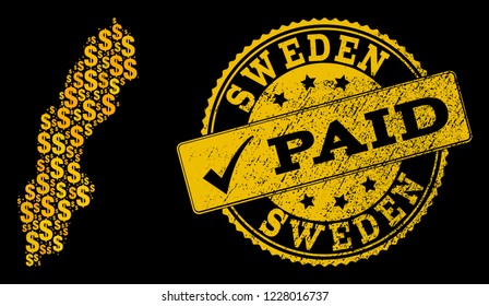 Golden collage of dollar mosaic map of Sweden and paid corroded stamp. Vector watermark with corroded rubber texture and PAID caption.
