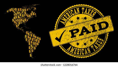 Golden collage of dollar mosaic map of South and North America and paid corroded seal stamp. Vector seal with unclean rubber texture and PAID caption.