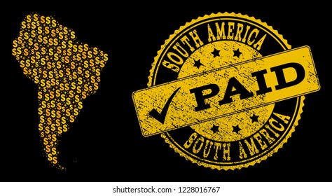 Golden collage of dollar mosaic map of South America and paid rubber seal. Vector seal with distress rubber texture and PAID text.