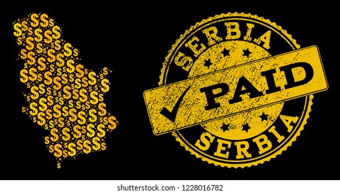 Golden collage of dollar mosaic map of Serbia and paid rubber seal stamp. Vector seal with corroded rubber texture and PAID message.