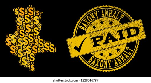 Golden collage of dollar mosaic map of Saxony-Anhalt State and paid rubber seal stamp. Vector watermark with grunge rubber texture and PAID message.
