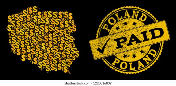 Golden collage of dollar mosaic map of Poland and paid unclean seal. Vector watermark with corroded rubber texture and PAID message.