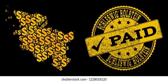 Golden collage of dollar mosaic map of Schleswig-Holstein State and paid grunge seal. Vector seal with grunge rubber texture and PAID text.