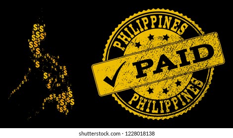 Golden collage of dollar mosaic map of Philippines and paid rubber seal stamp. Vector seal with distress rubber texture and PAID caption.