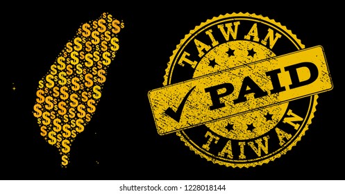 Golden collage of dollar mosaic map of Taiwan and paid rubber seal. Vector seal with grunge rubber texture and PAID text. Mosaic map of Taiwan constructed with gold dollars on a black background.