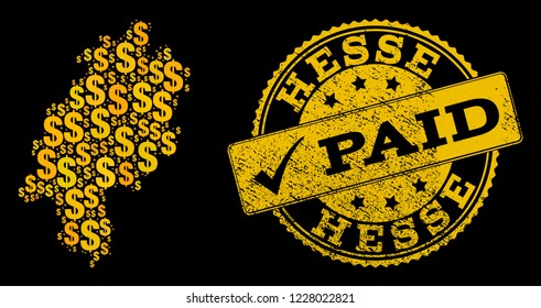 Golden collage of dollar mosaic map of Hesse State and paid grunge seal stamp. Vector seal with grunge rubber texture and PAID caption.