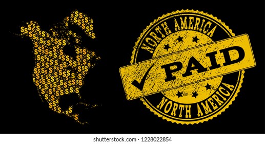 Golden collage of dollar mosaic map of North America and paid textured seal. Vector seal with distress rubber texture and PAID text.