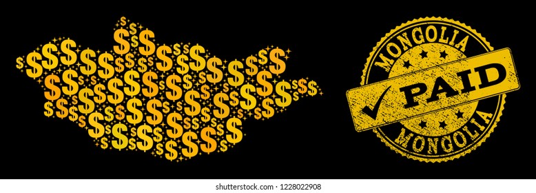 Golden collage of dollar mosaic map of Mongolia and paid rubber seal. Vector watermark with grunge rubber texture and PAID caption.