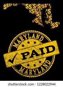 Golden collage of dollar mosaic map of Maryland State and paid corroded stamp. Vector seal with corroded rubber texture and PAID caption.