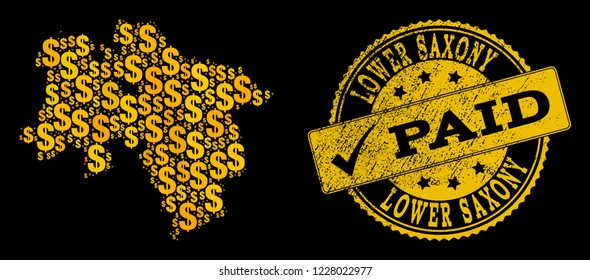 Golden collage of dollar mosaic map of Lower Saxony State and paid grunge seal stamp. Vector seal with grunge rubber texture and PAID message.