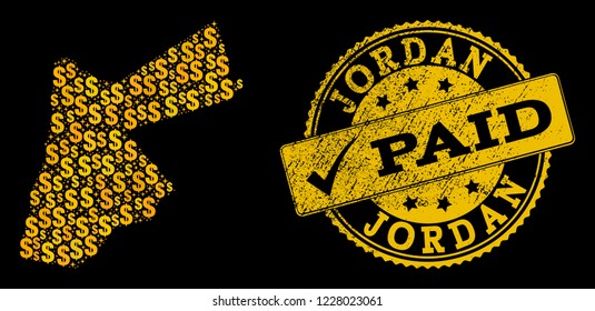 Golden collage of dollar mosaic map of Jordan and paid textured seal. Vector seal with unclean rubber texture and PAID caption.