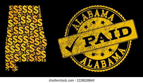 Golden collage of dollar mosaic map of Alabama State and paid rubber stamp. Vector watermark with distress rubber texture and PAID text.