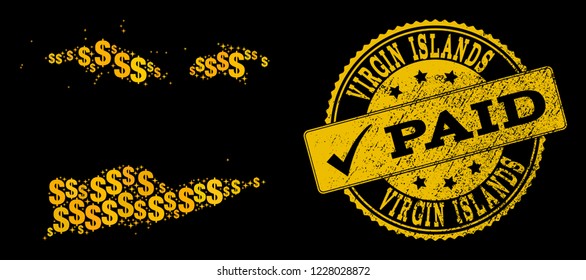 Golden collage of dollar mosaic map of American Virgin Islands and paid grunge stamp. Vector imprint with grunge rubber texture and PAID message.