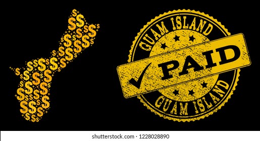 Golden collage of dollar mosaic map of Guam Island and paid rubber seal. Vector seal with corroded rubber texture and PAID message.