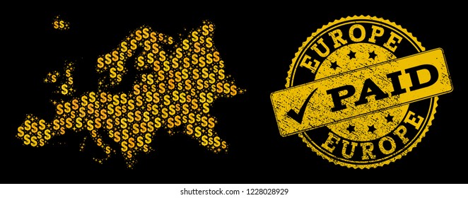 Golden collage of dollar mosaic map of Europe and paid rubber seal stamp. Vector seal with unclean rubber texture and PAID caption.