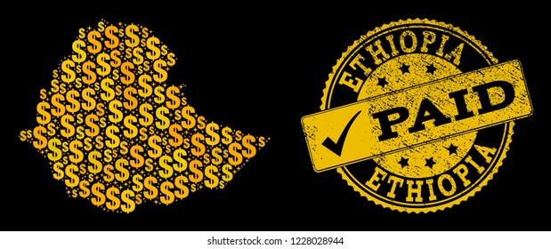 Golden collage of dollar mosaic map of Ethiopia and paid textured seal stamp. Vector seal with distress rubber texture and PAID message.