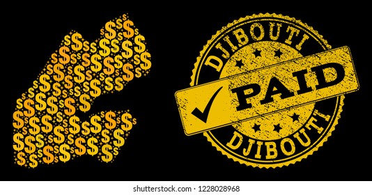 Golden collage of dollar mosaic map of Djibouti and paid corroded seal stamp. Vector seal with unclean rubber texture and PAID message.