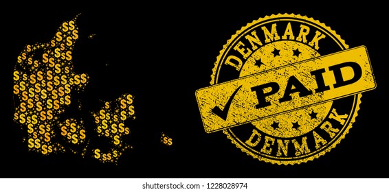 Golden collage of dollar mosaic map of Denmark and paid corroded seal. Vector seal with unclean rubber texture and PAID message.